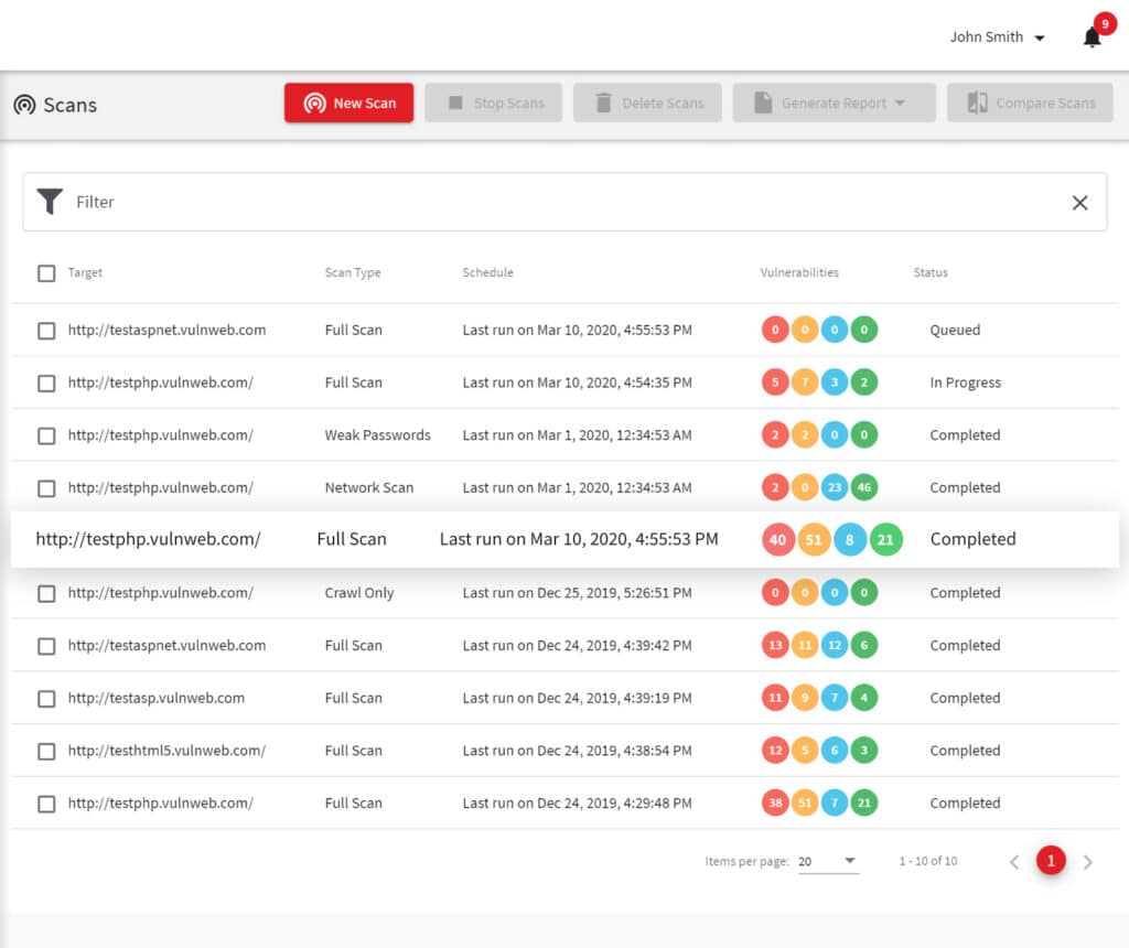 Acunetix Web Vulnerability Scanner scans view
