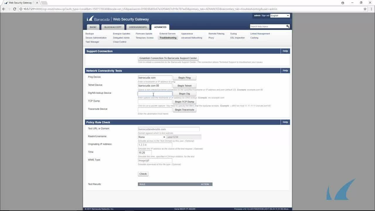 Barracuda Web Security Gateway advanced menu