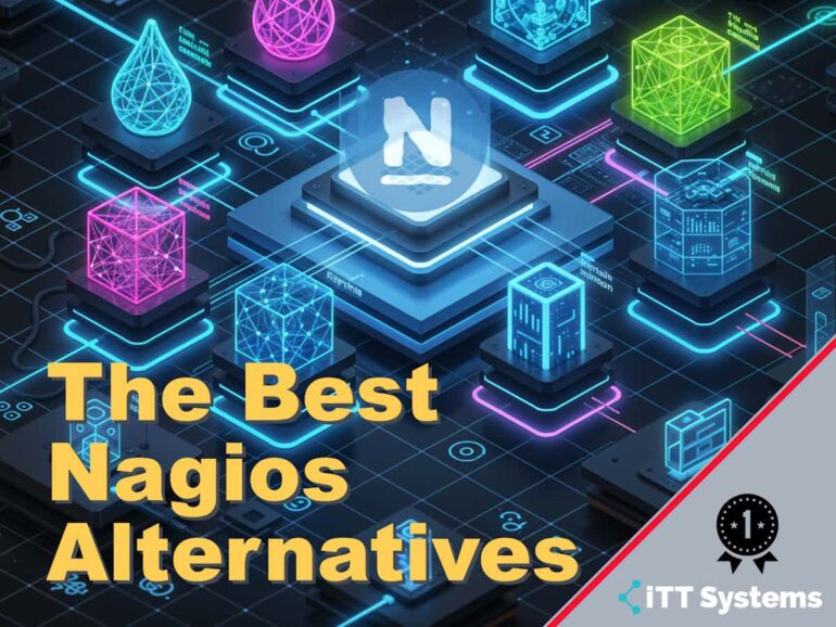 Illustration showing futuristic blocks and digital nodes with a shield icon labeled 'N', representing modern Nagios alternatives in IT monitoring.