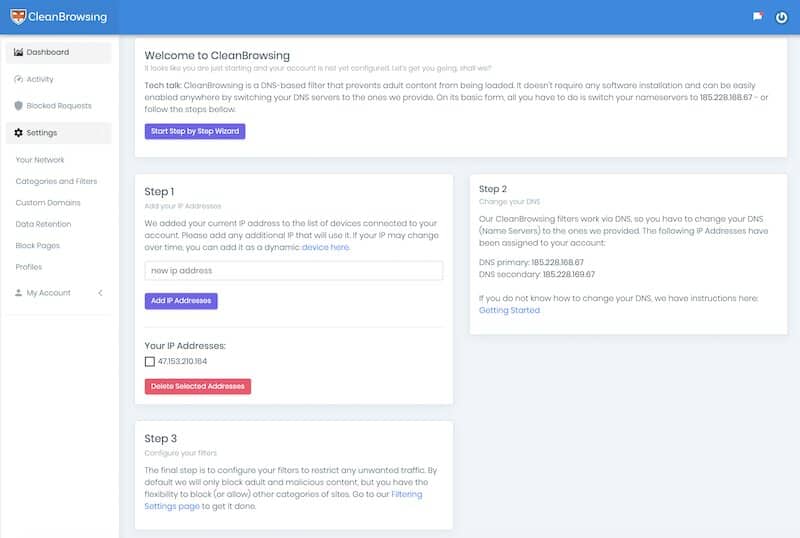 CleanBrowsing seure web settings view