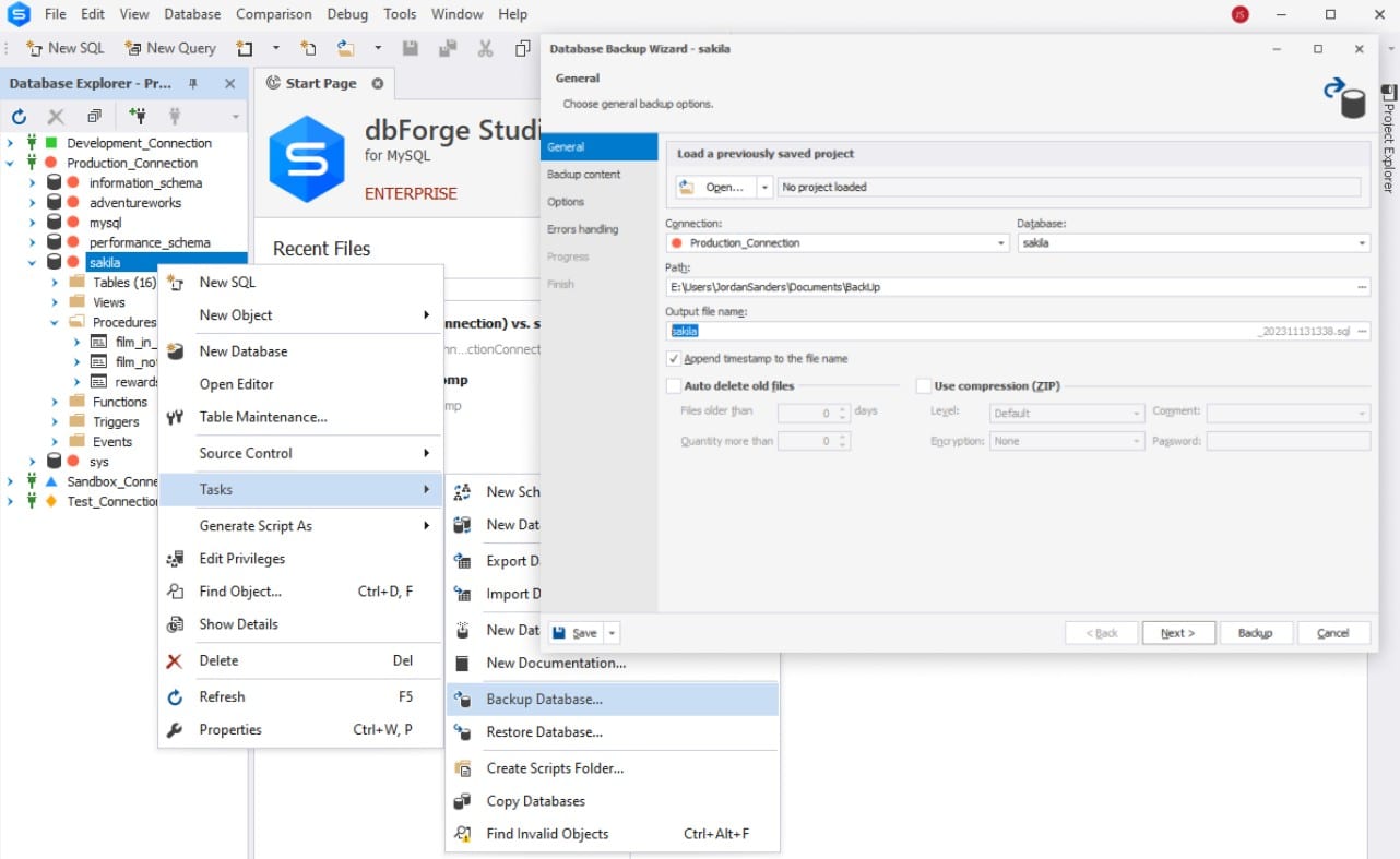 DB Forge Studio MySQL backup