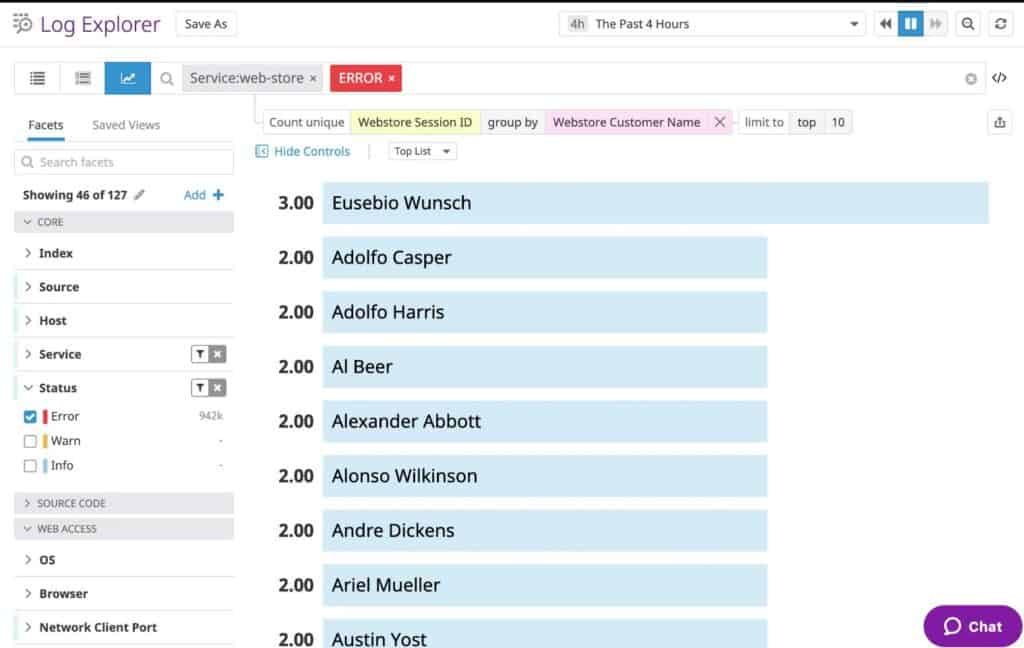 Datadog Log Explorer Webstore Session