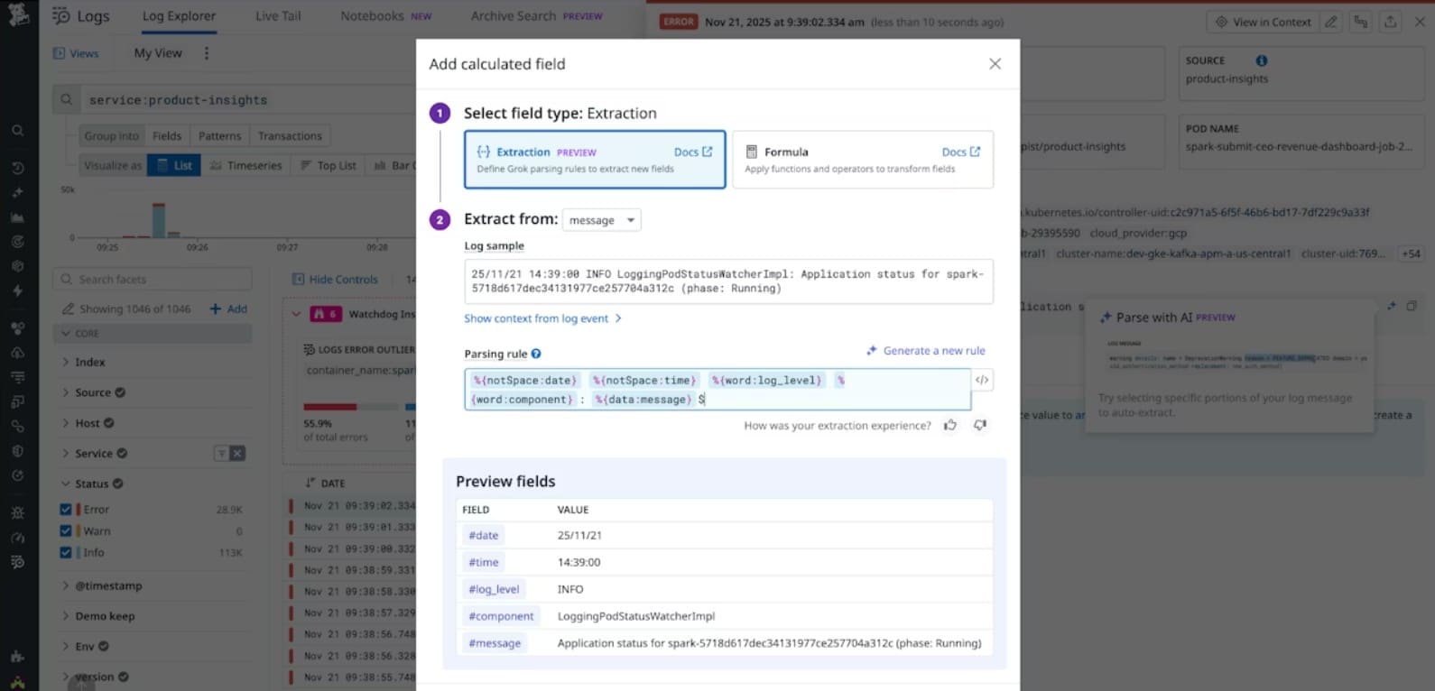 Datadoghq log parsing