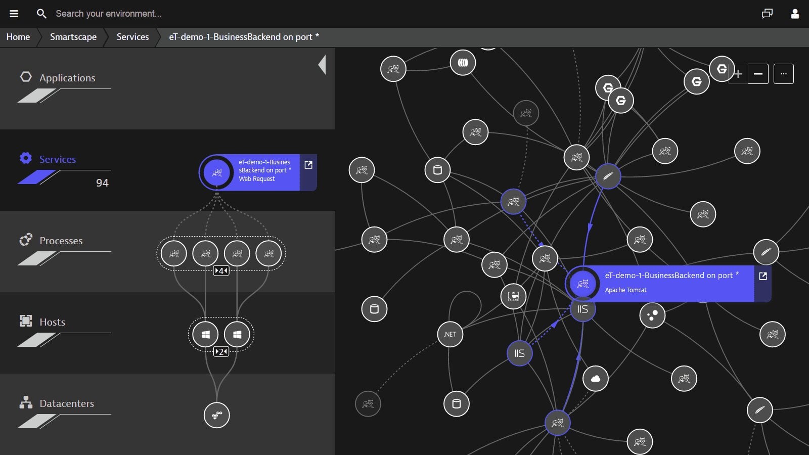 Dynatrace services view