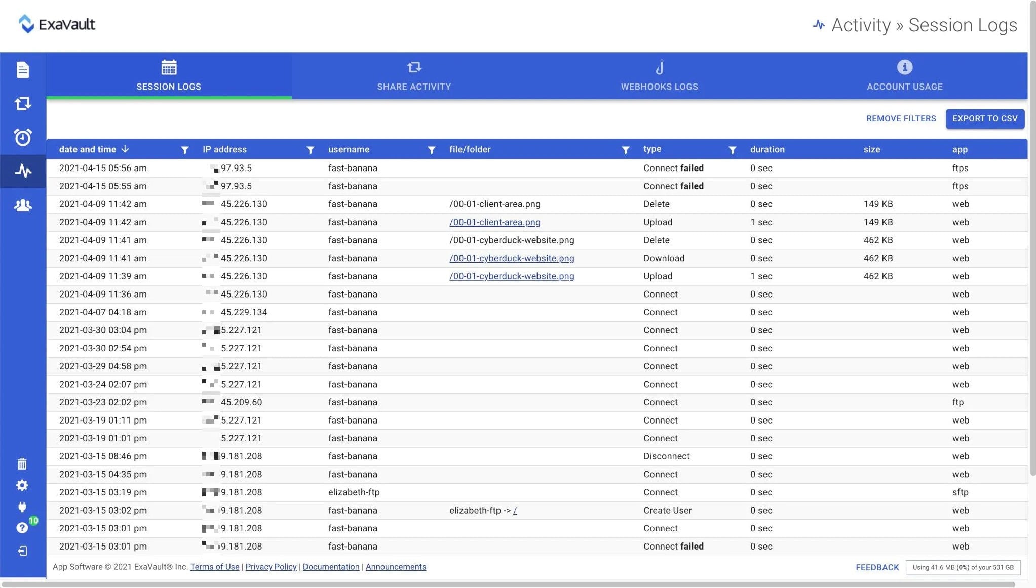 ExaVault Session Logs