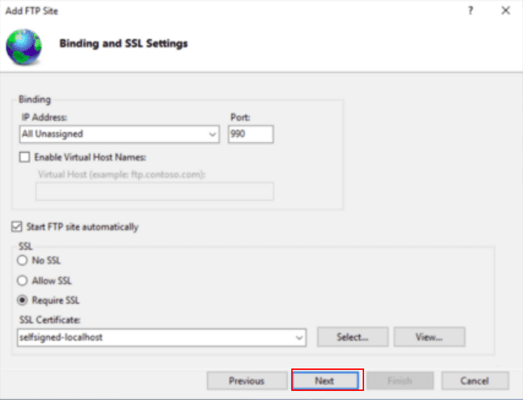 FTP ssl binding