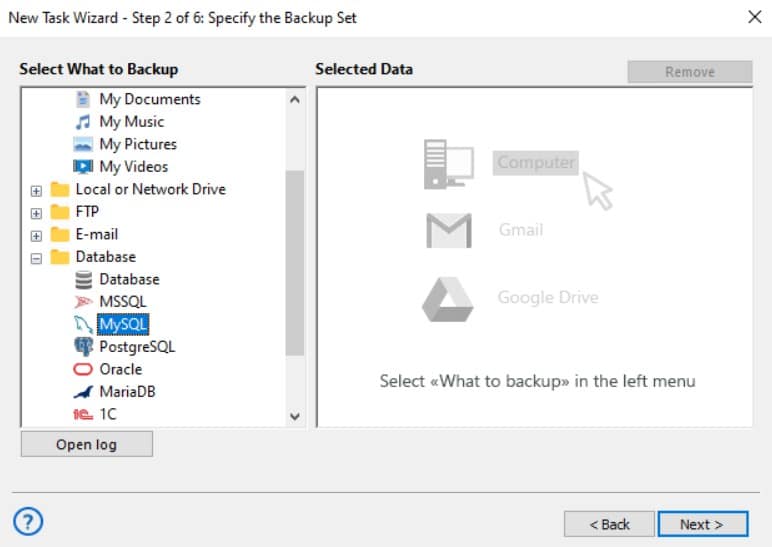 Handybackup mysql backup