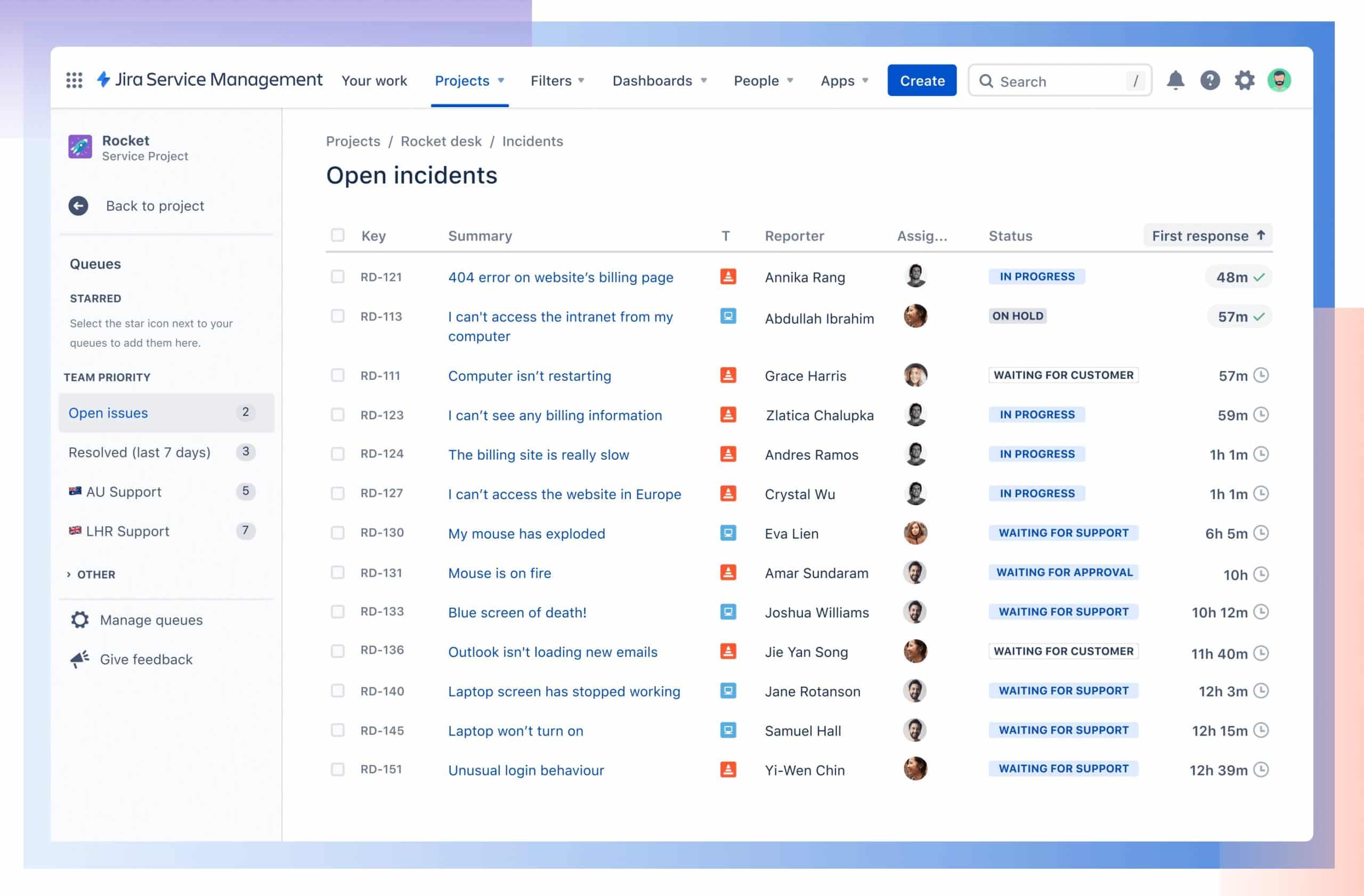 Jira Service Management open issues view