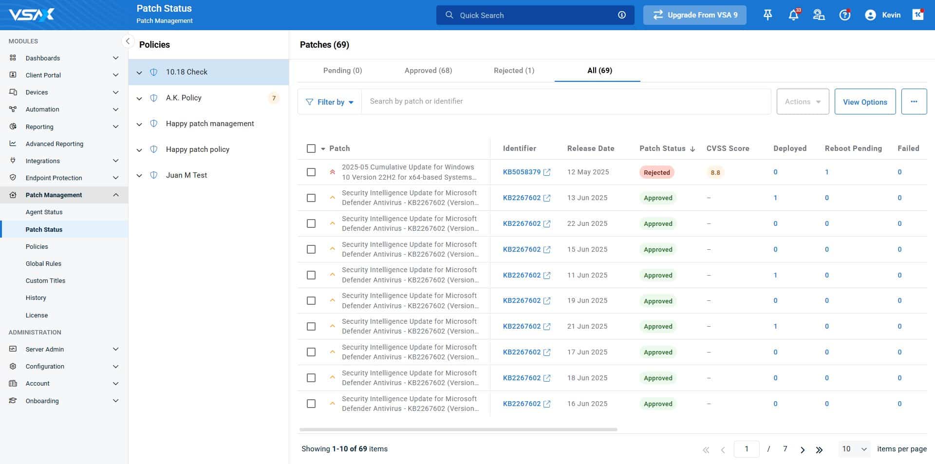 Kaseya VSA Patch Management status view