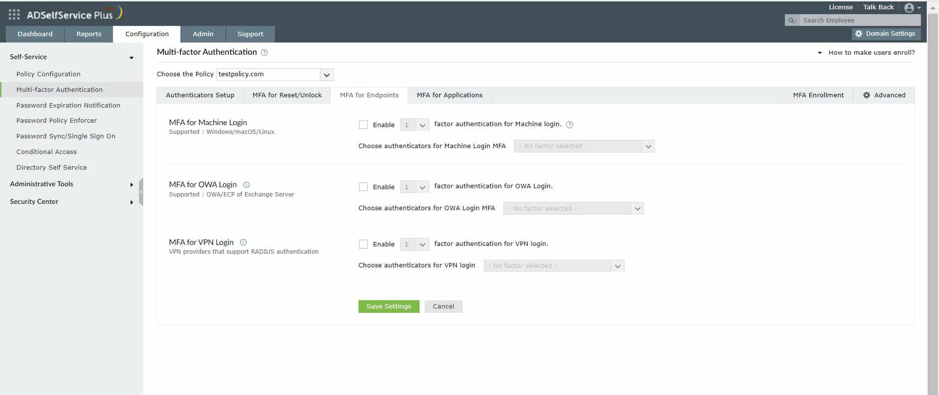 ManageEngine ADSelfService Plus configuration view