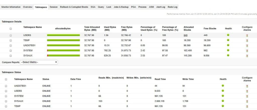 ManageEngine APM Oracle Tablespace Metrics