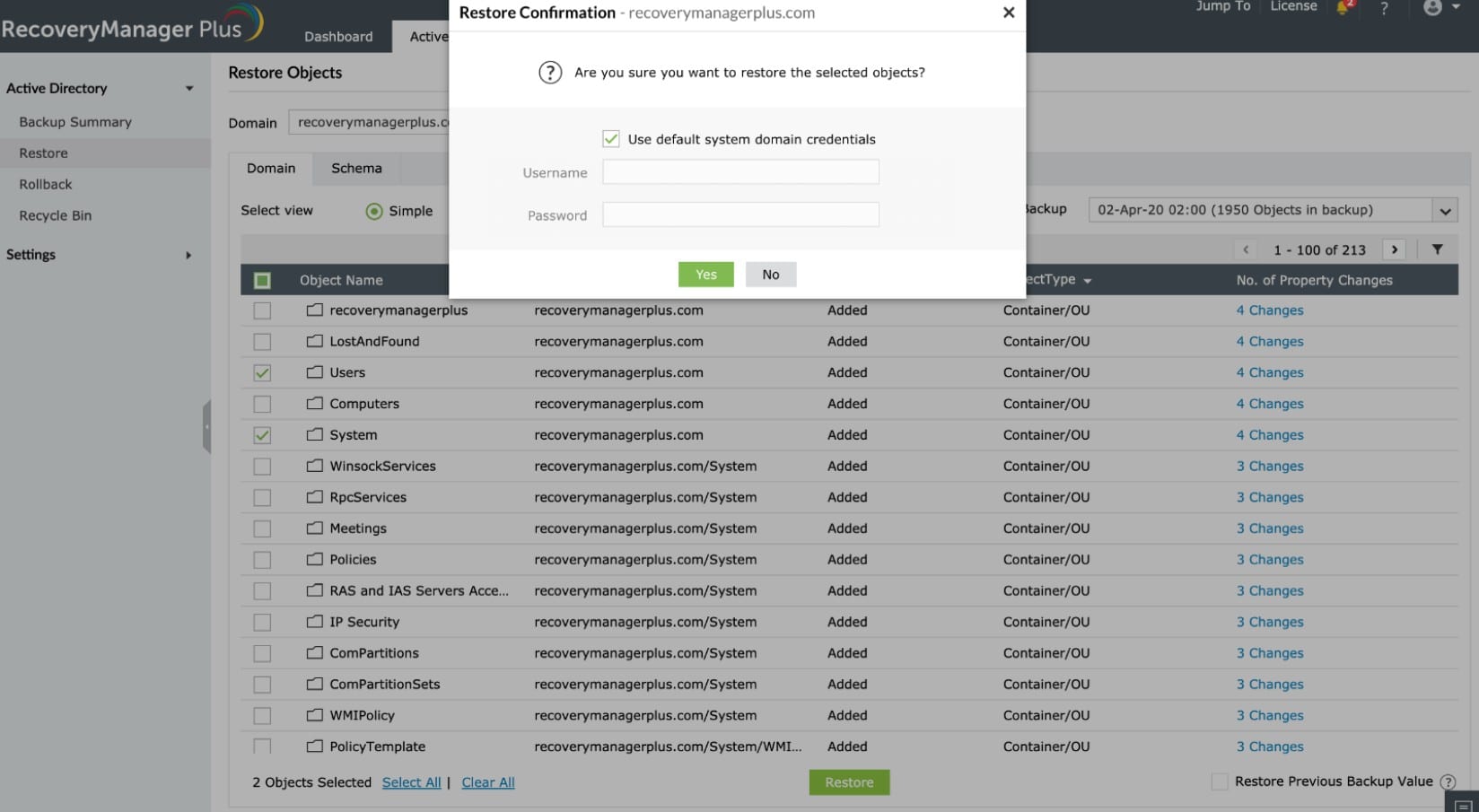 ManageEngine RecoveryManager Plus backups