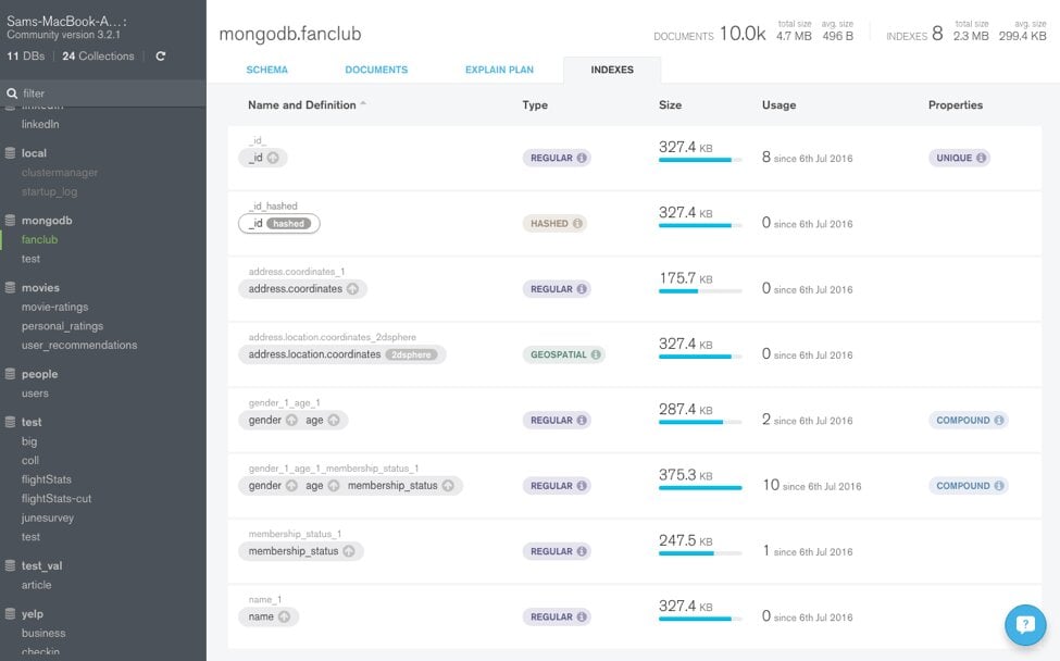 MongoDB Compass indexes view