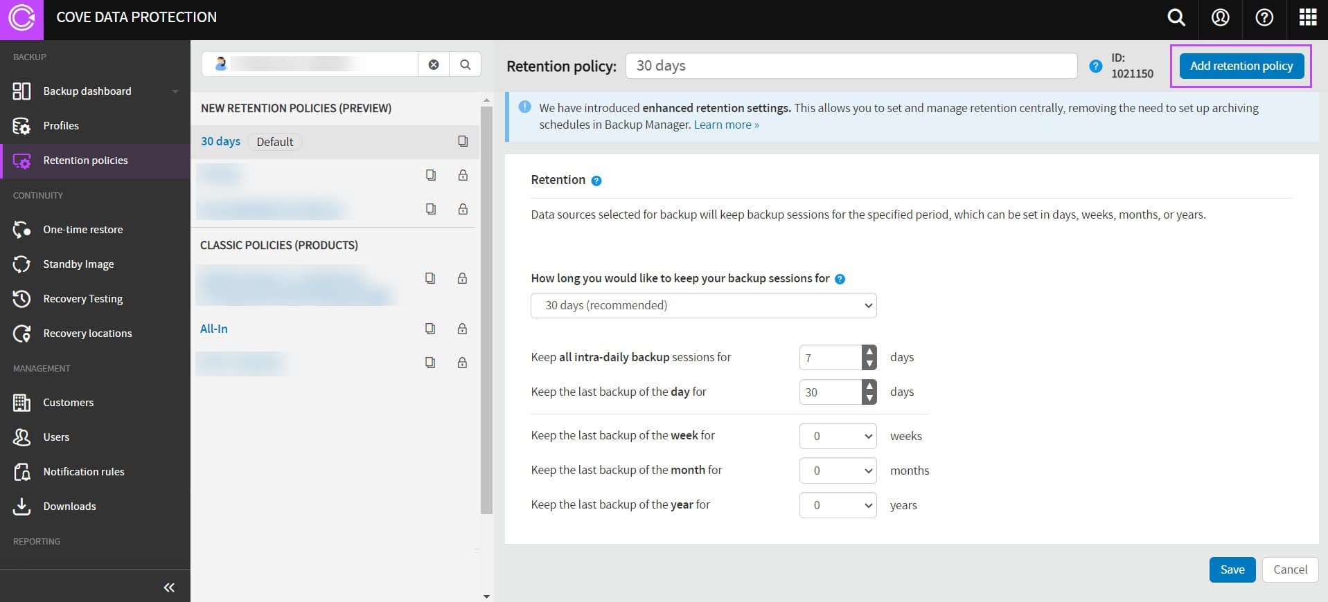 N-able Cove Data Protection retention backup