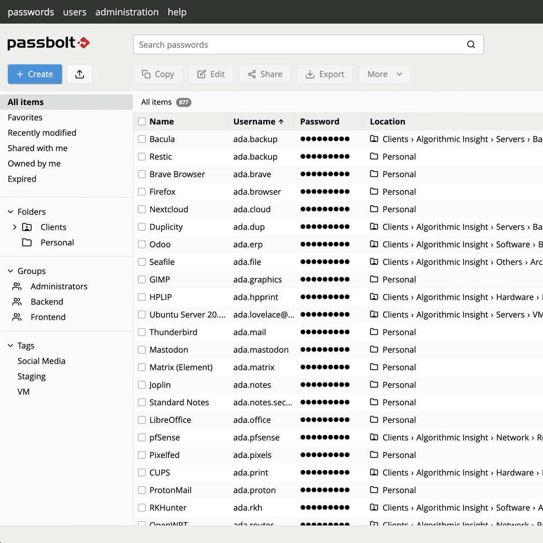 Passbolt Cloud all items