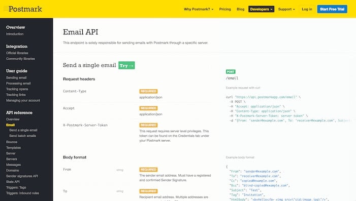 Postmark app API reference page