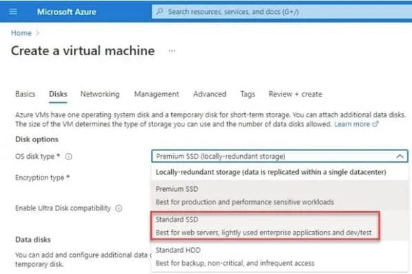 Select OS disk type field