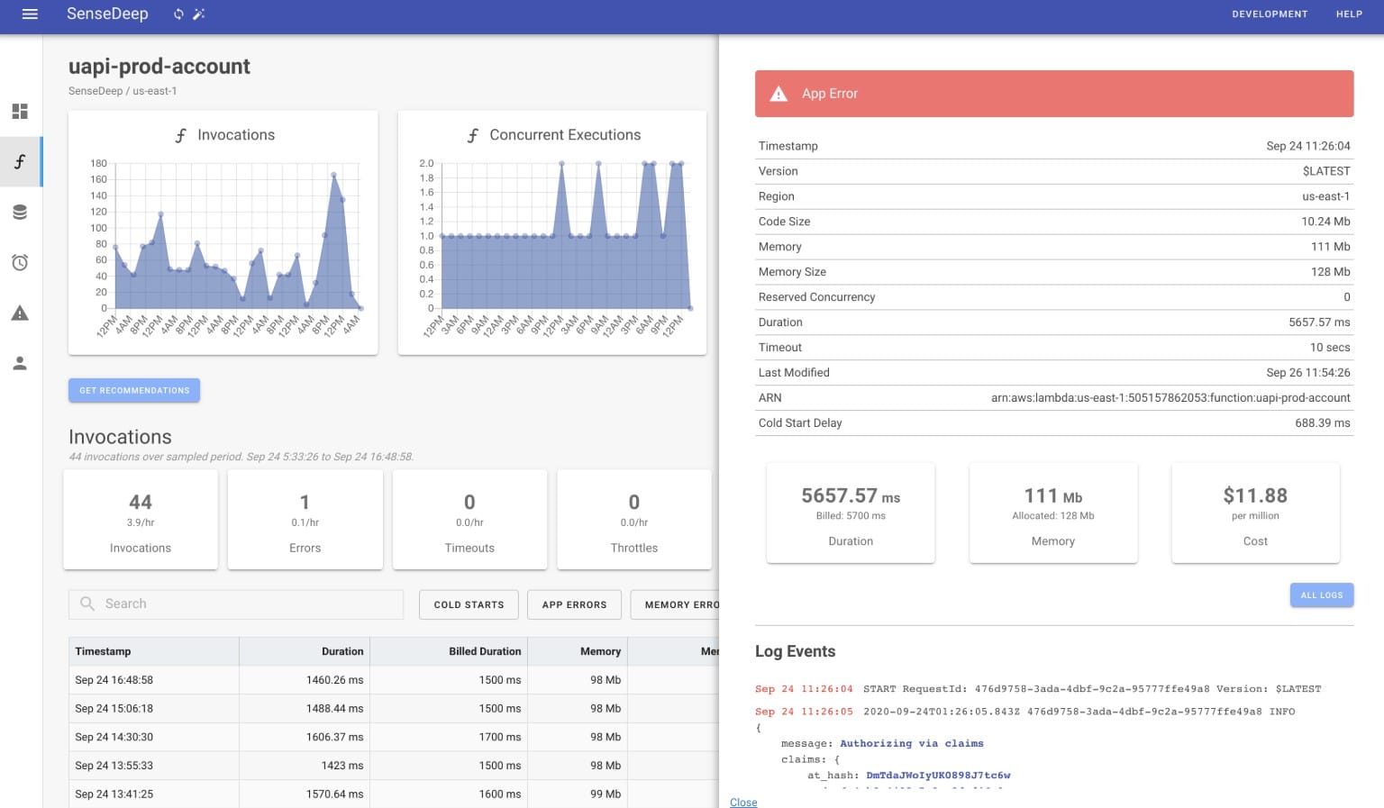 Sensedeep serverless monitoring