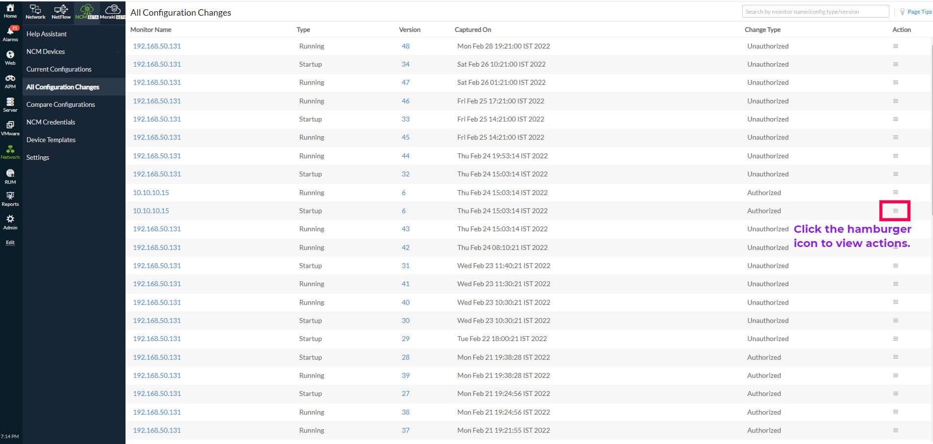 Site24x7 Network Configuration Manager (NCM) All Config Changes