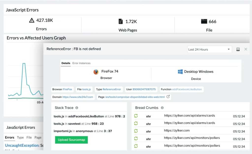 Site24x7 Real User Monitoring JavaScript Errors