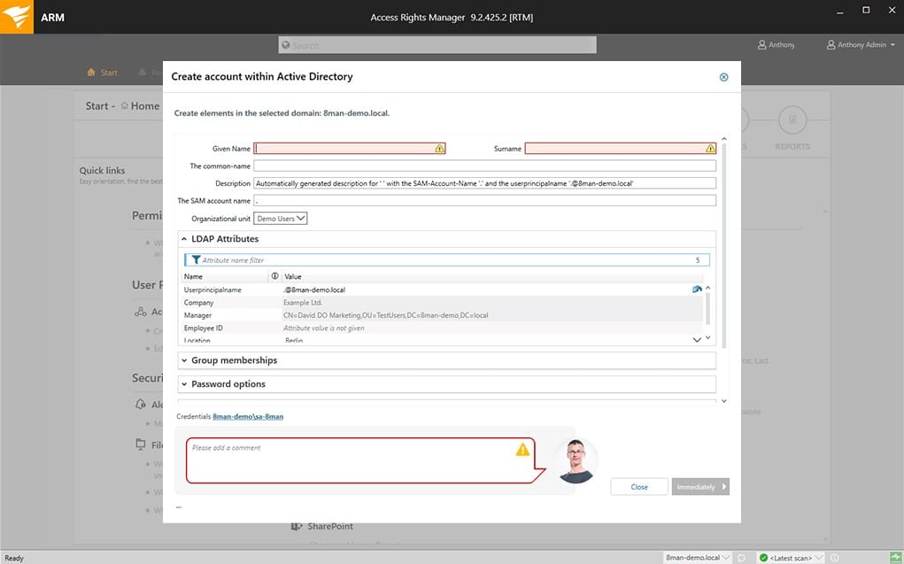 SolarWinds ARM AD Account Creation