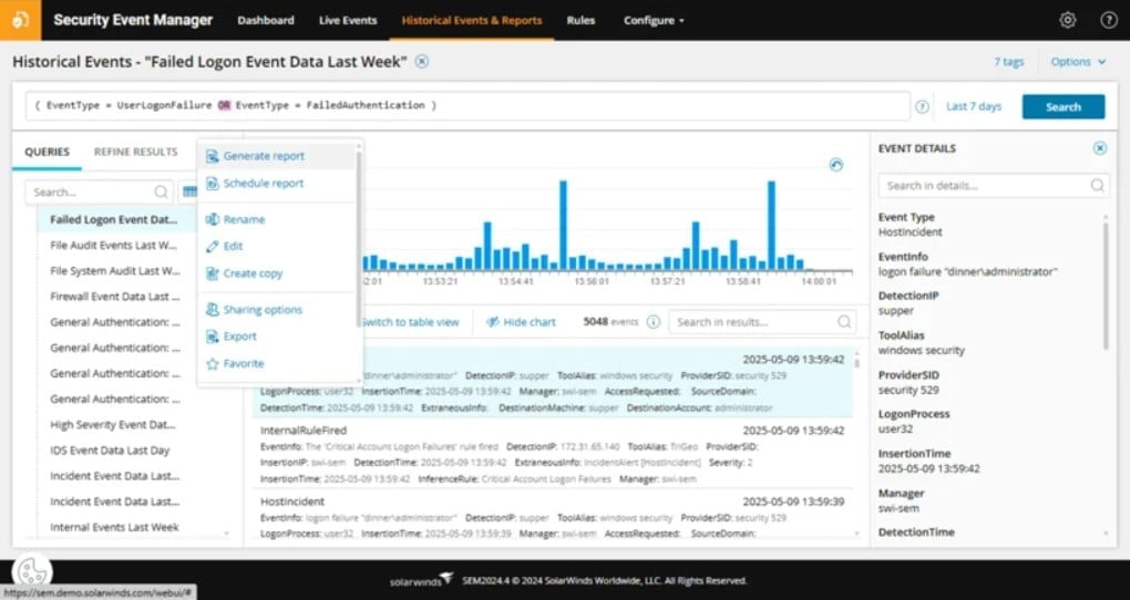 Solarwinds security event manager logs
