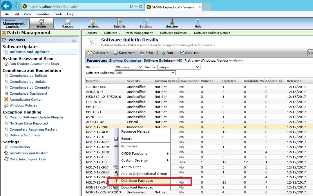 Symantec Patch Management Solution bulletin page
