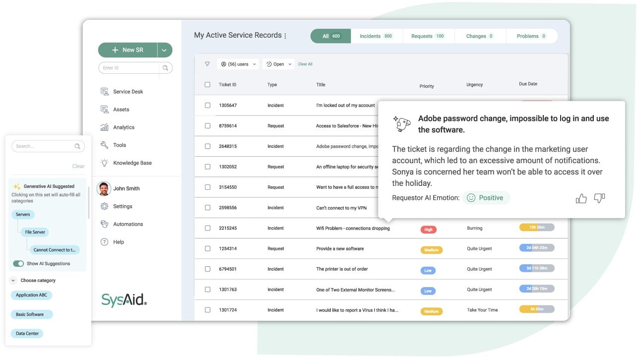 SysAid service records view