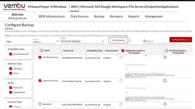 Vembu BDS Suite AWS EC2 Backup