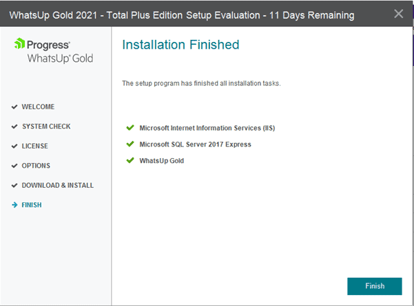WhatsUp Gold Installation Finished Screen