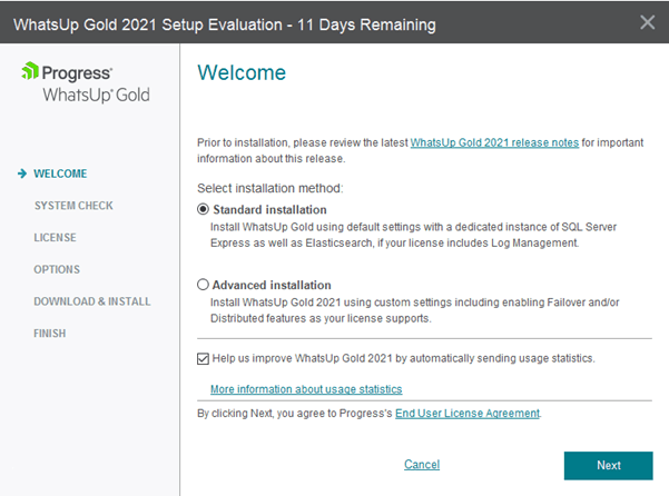 WhatsUp Gold Setup Evaluation Welcome Screen