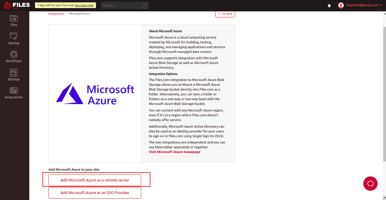 integrate azure to files.com