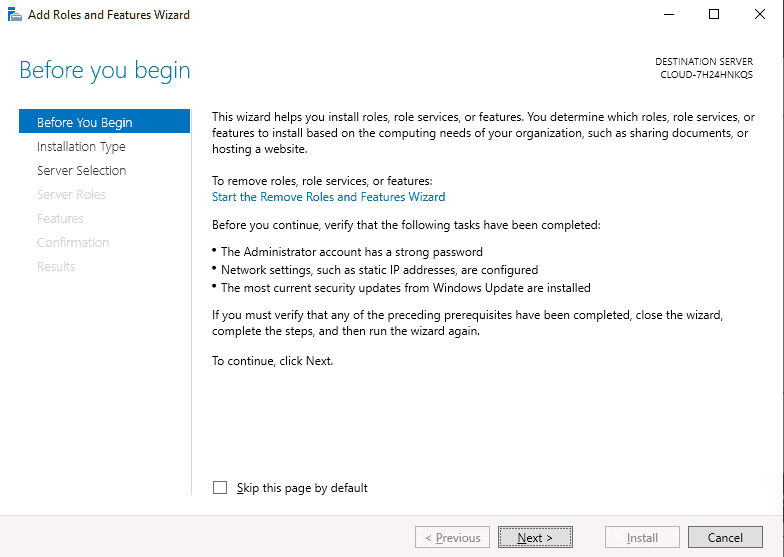 open roles and features wizard
