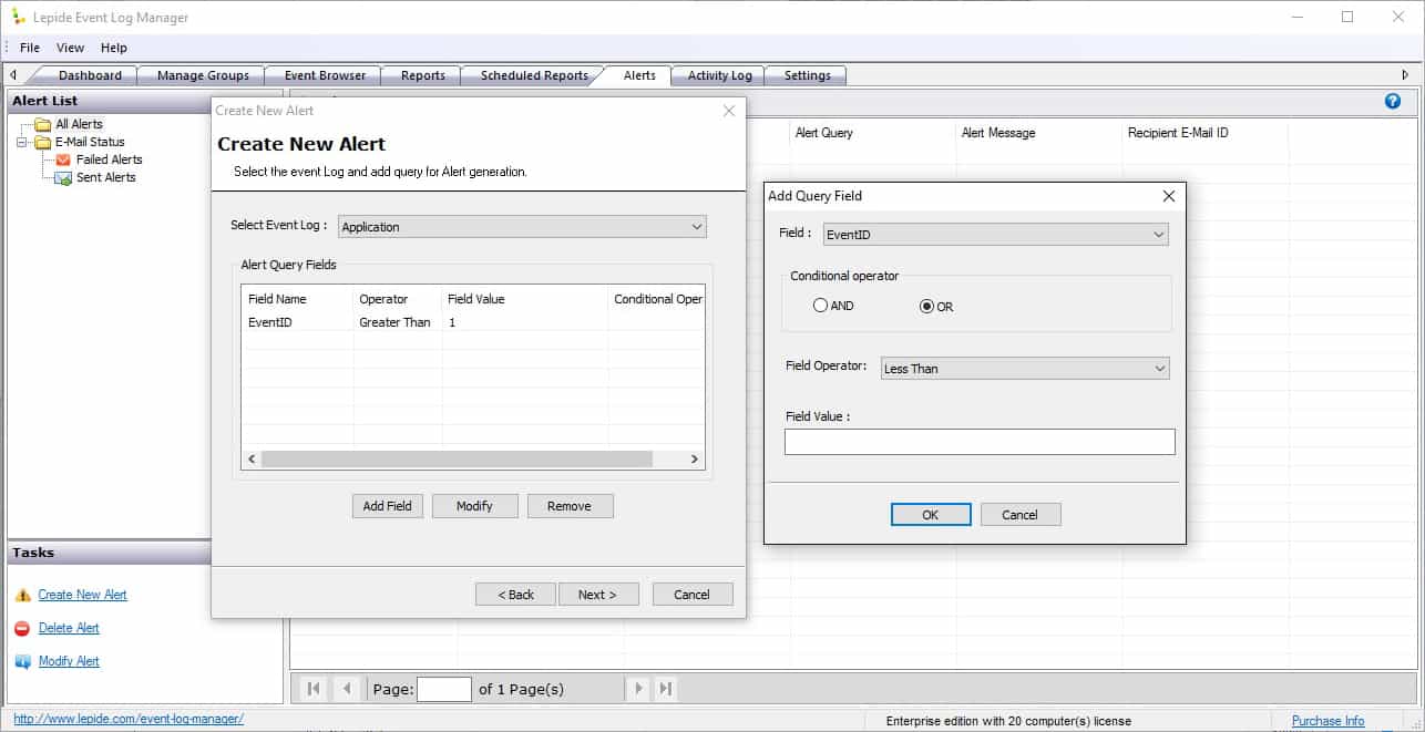Creating a new alert with specific criteria