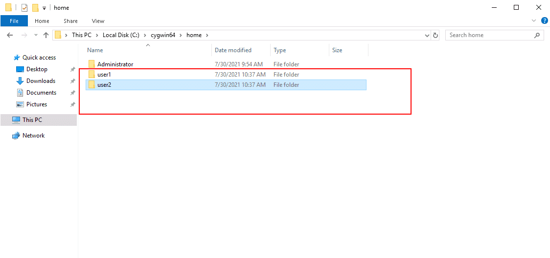 cygwin create user directory