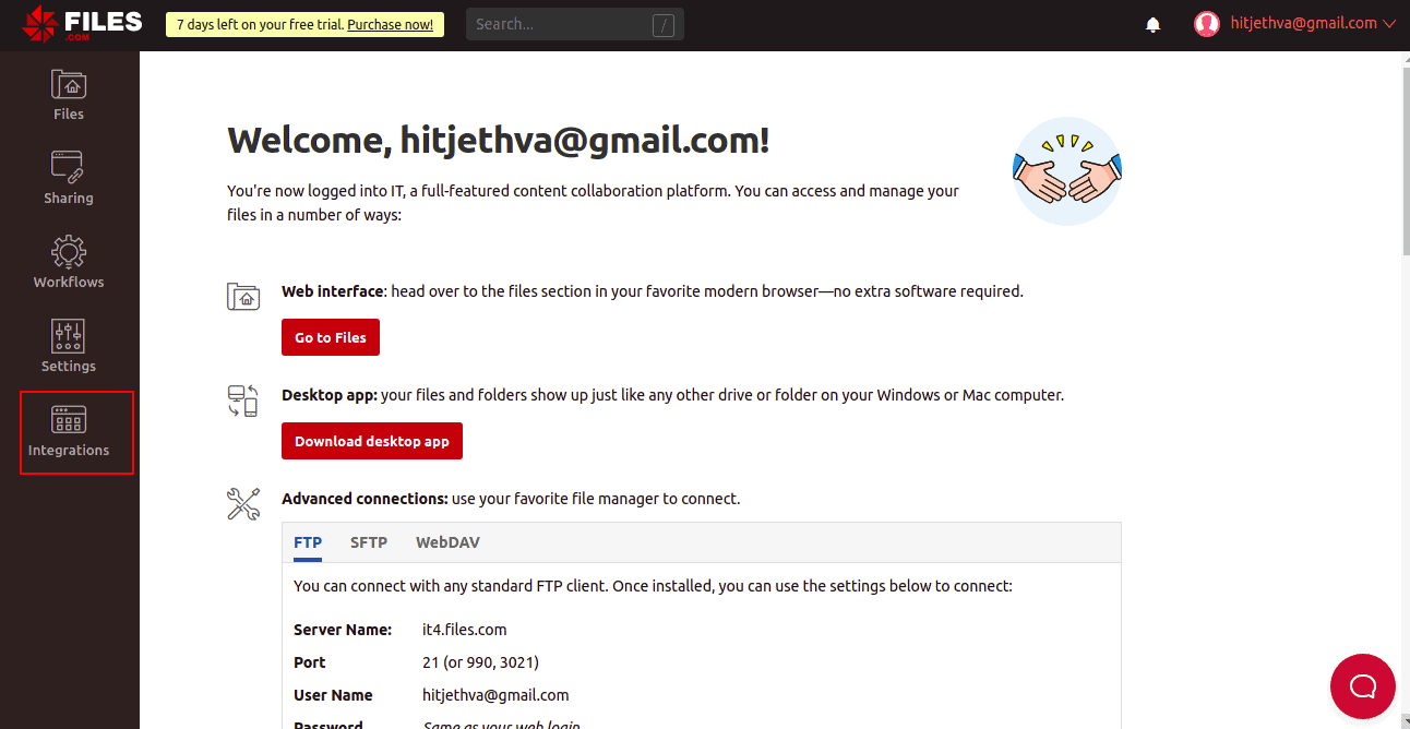 files.com dashboard