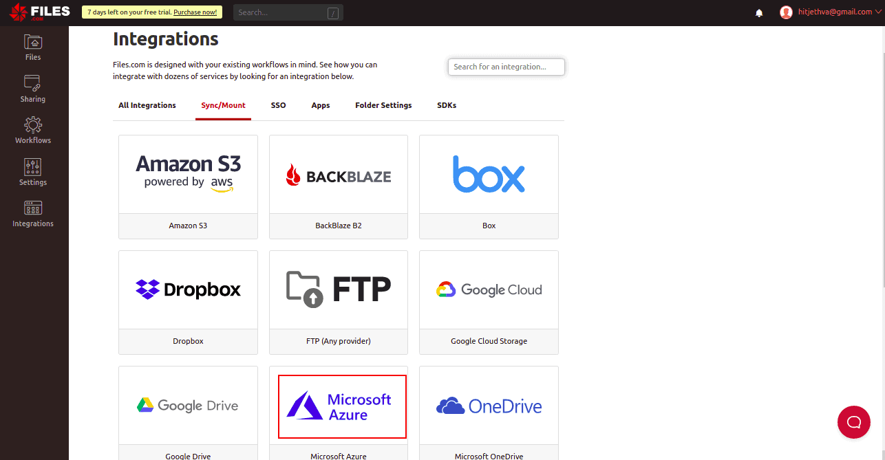 files.com integration dashboard