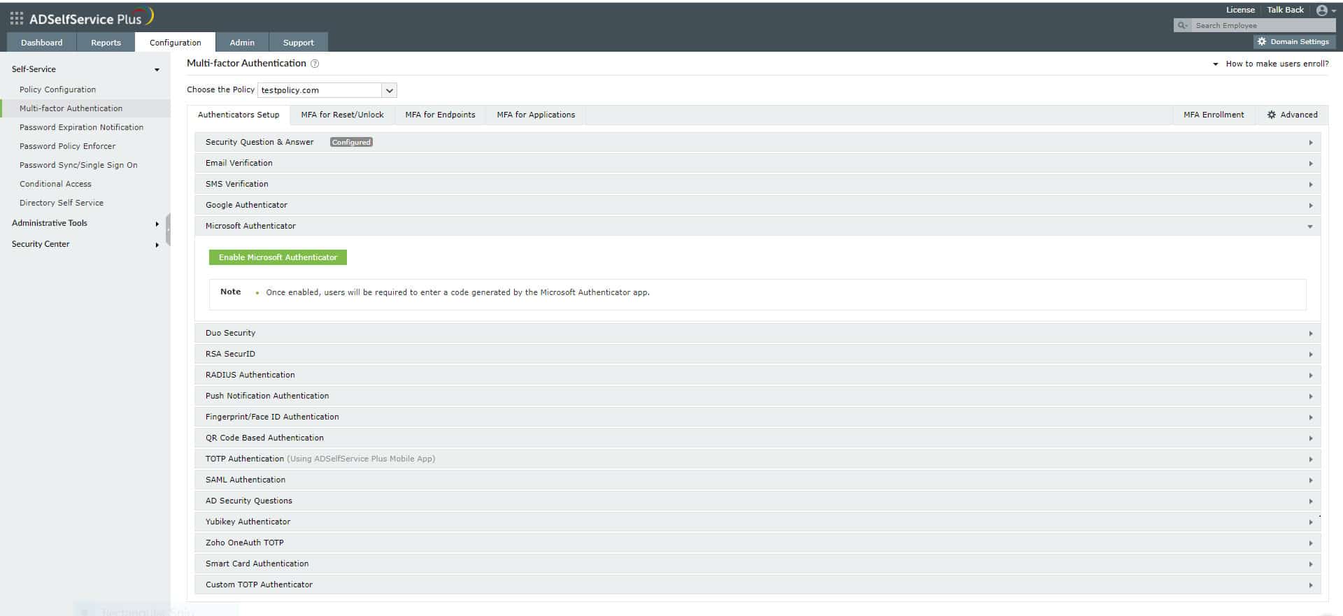 ADSelfService Plus multi factor authentication configuration screen listing available authenticators