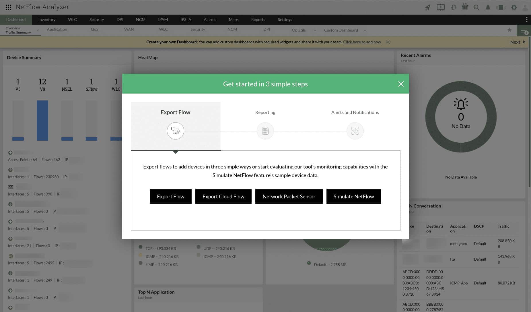 NetFlow Analyzer header with modal showing Simulate NetFlow export and packet sensor options