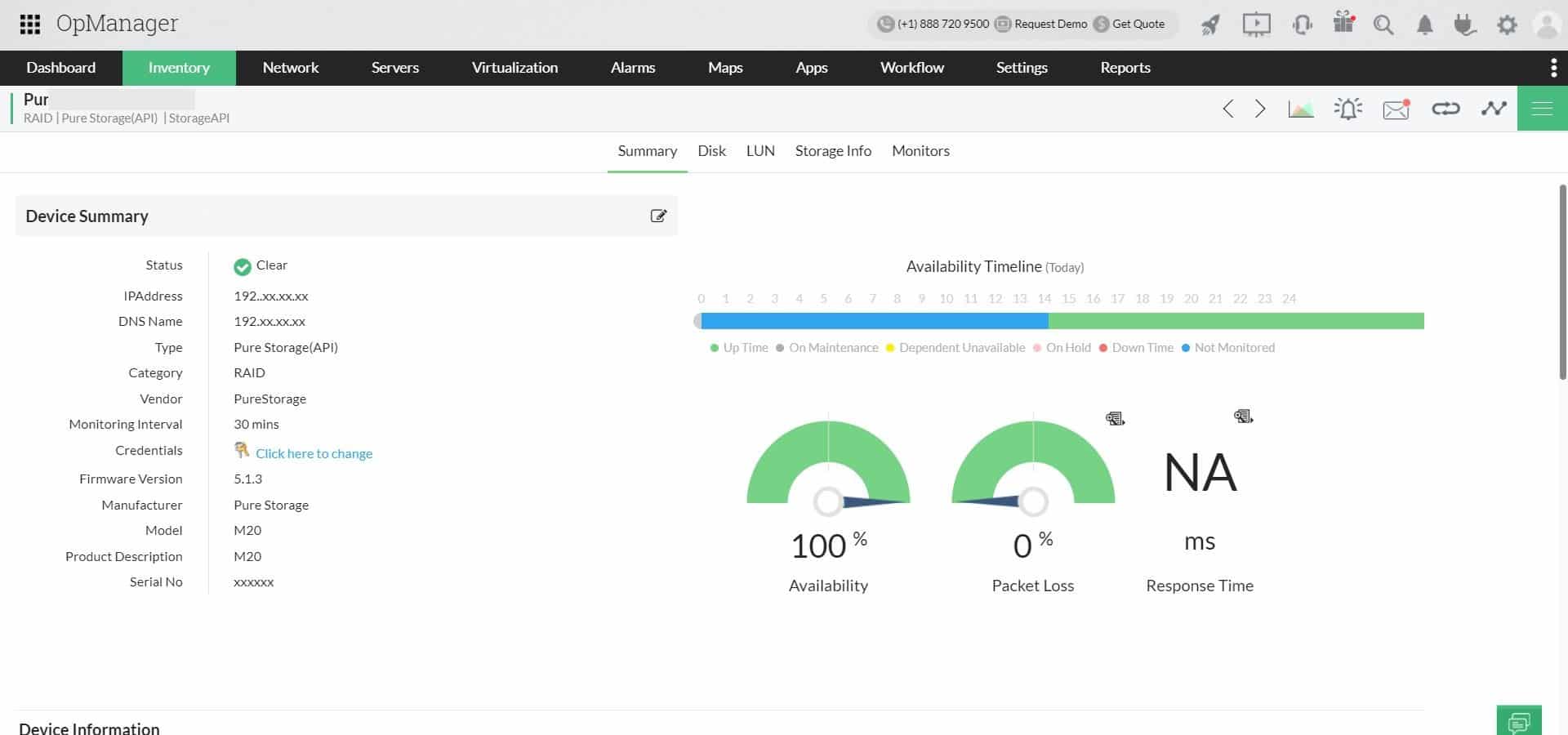 OpManager device summary showing availability timeline packet loss and response time gauges