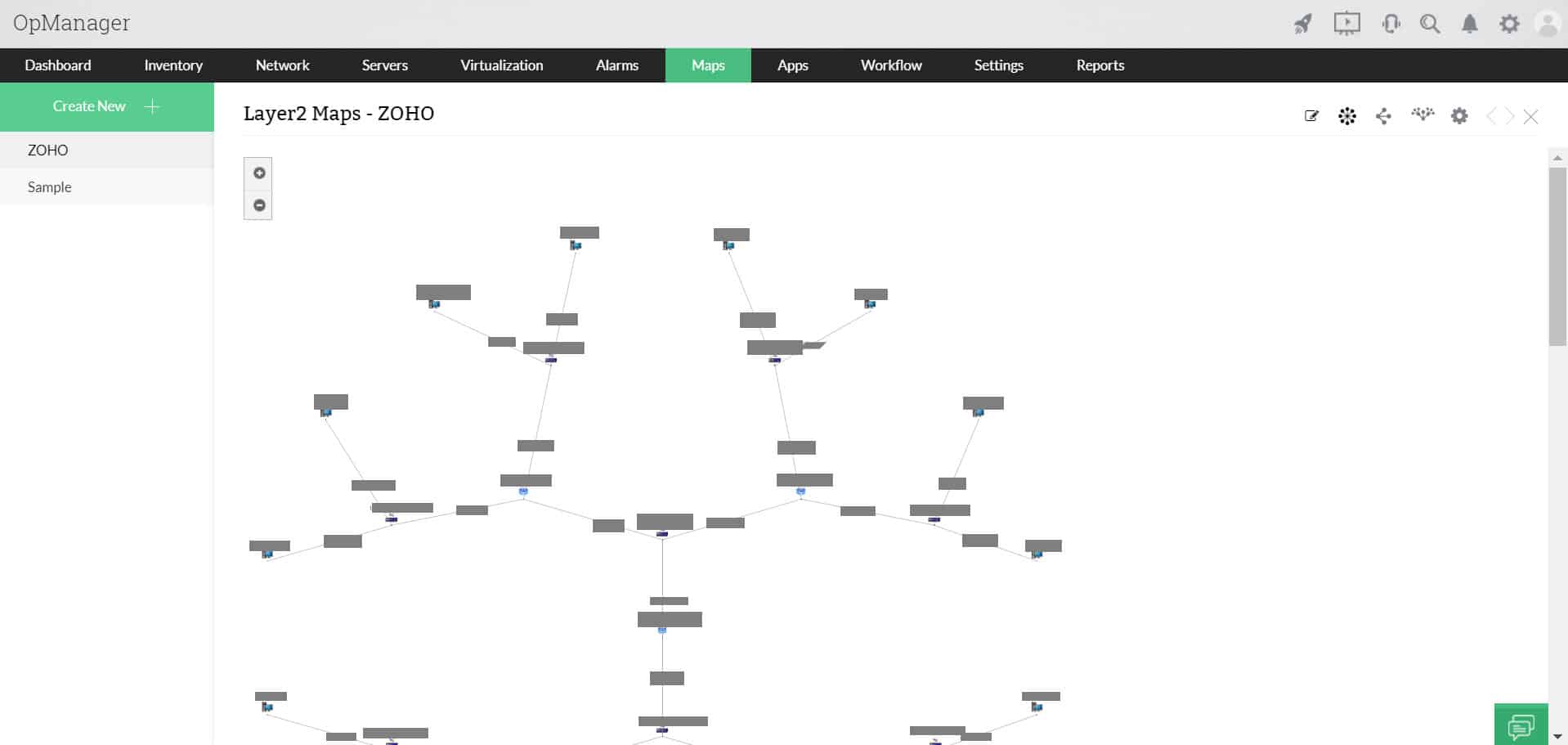 OpManager layer two topology map showing discovered devices and links with icons