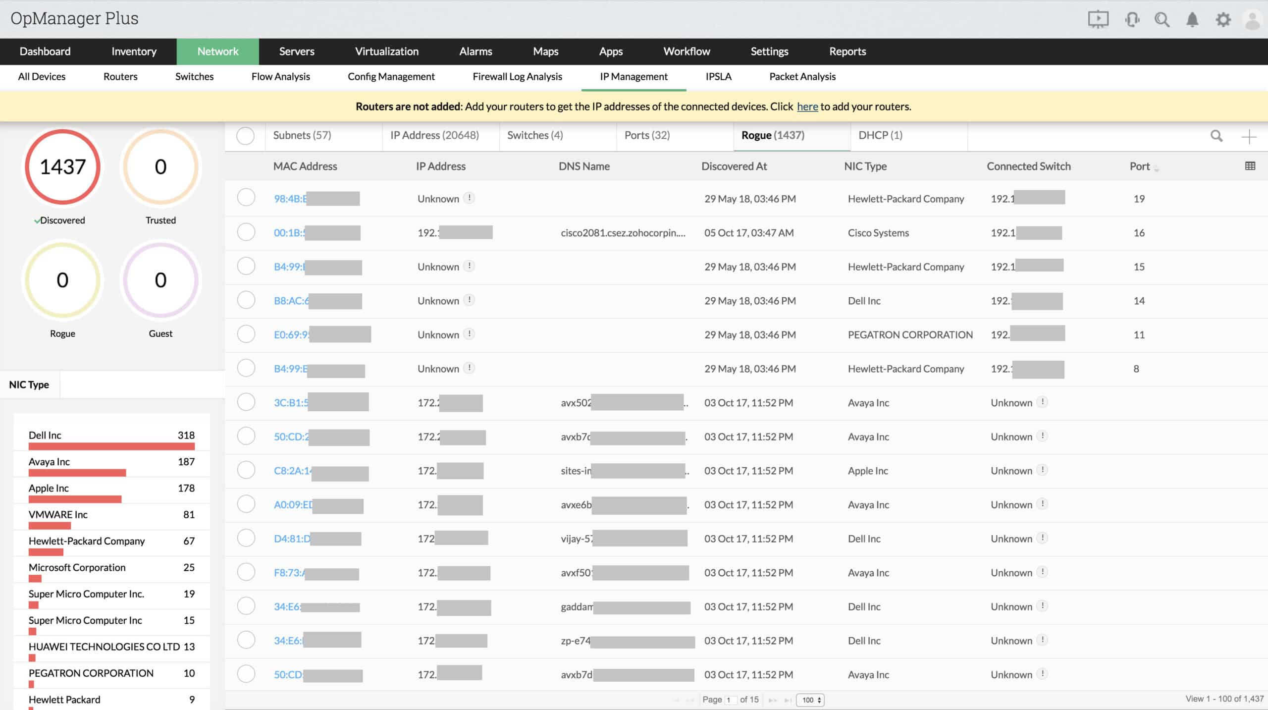 https://wp.ittsystems.com/go/manageengine-opmplus-network-engineer-tools/l/image/ OpManager Plus rogue device list showing counts vendor type and connected switch