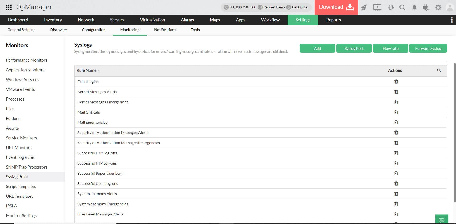 OpManager syslog rules page showing rule list with add syslog port flow rate and forward