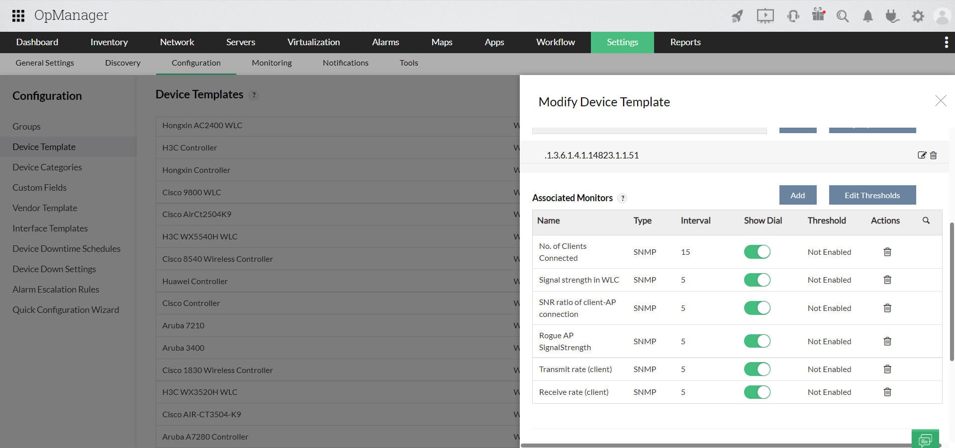 OpManager WiFi device template showing signal monitors clients and rogue access point