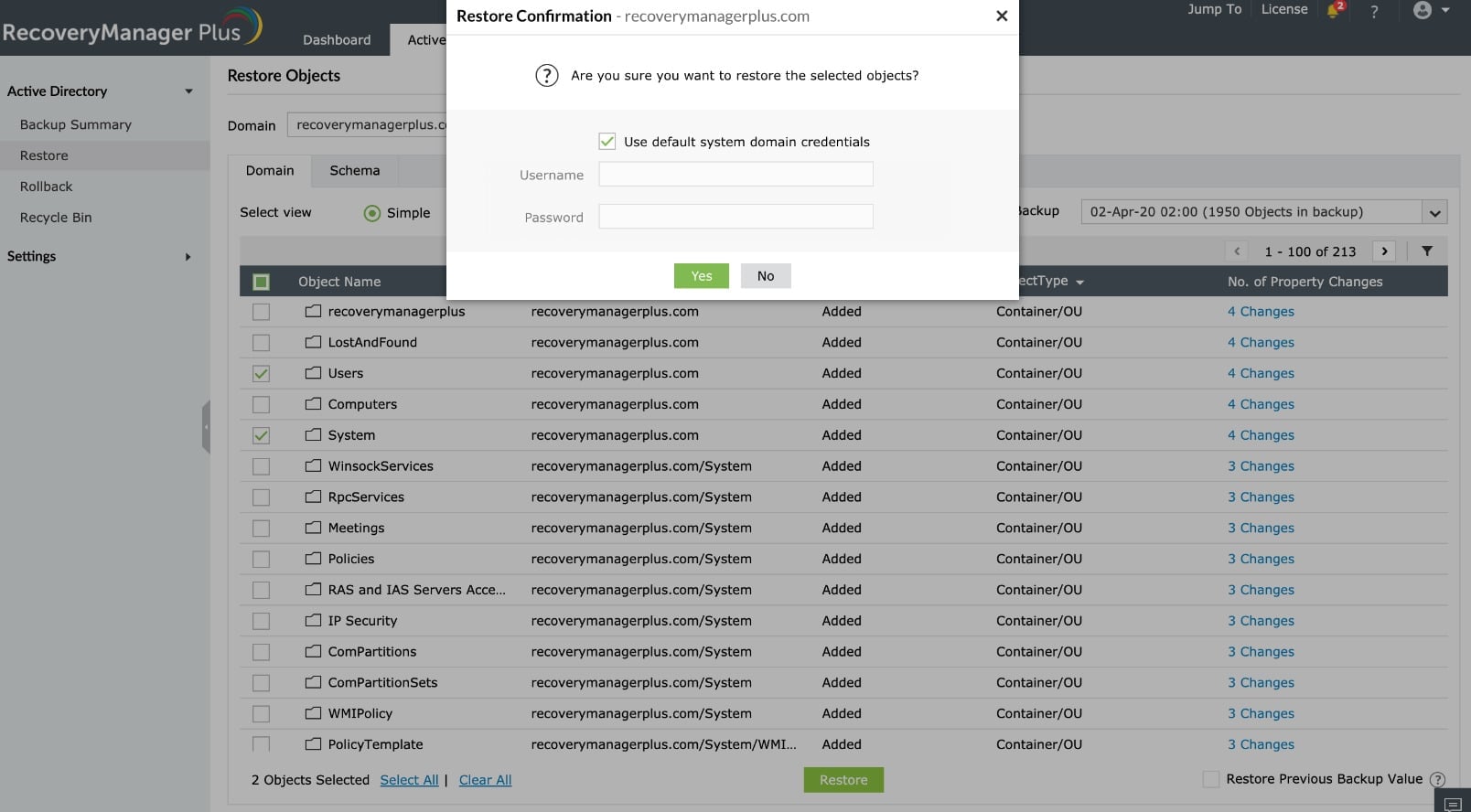 RecoveryManager Plus restore confirmation dialog for selected Active Directory objects