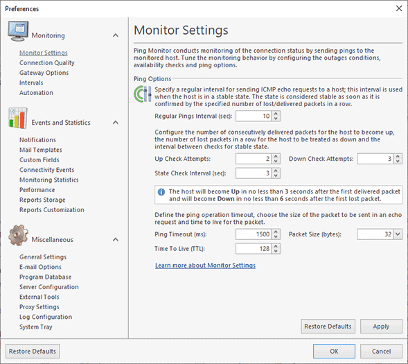 monitoring settings