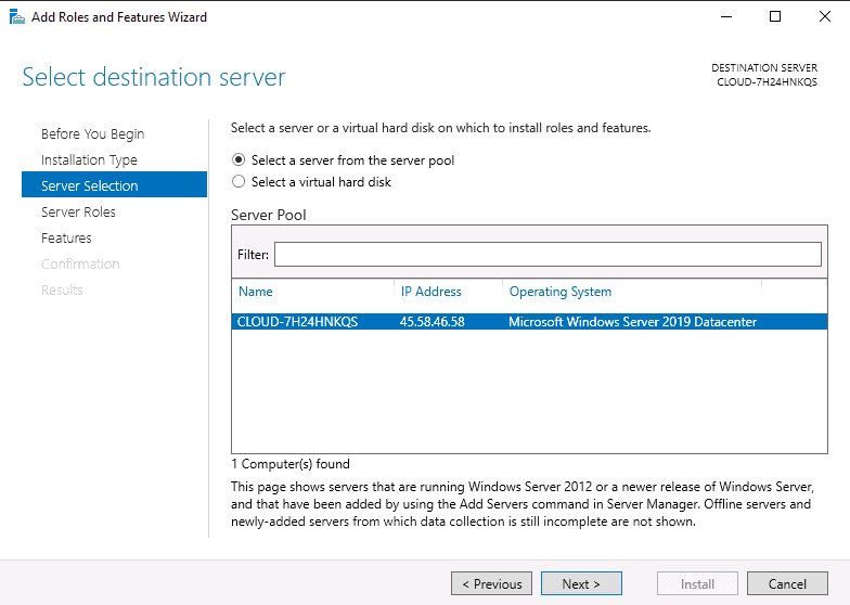 select destination server