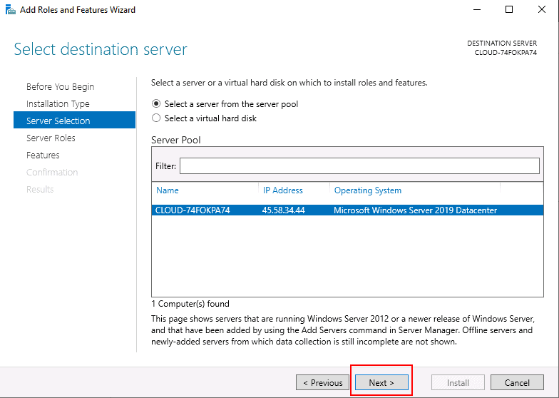 select destination server