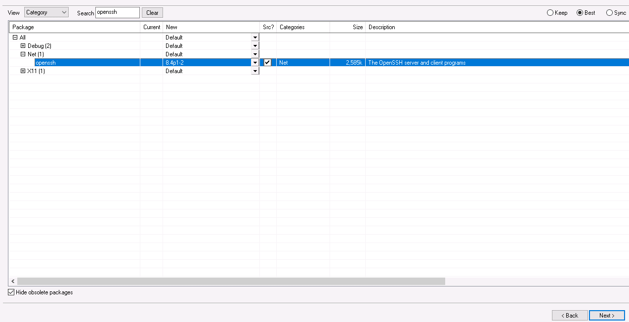 select openssh package