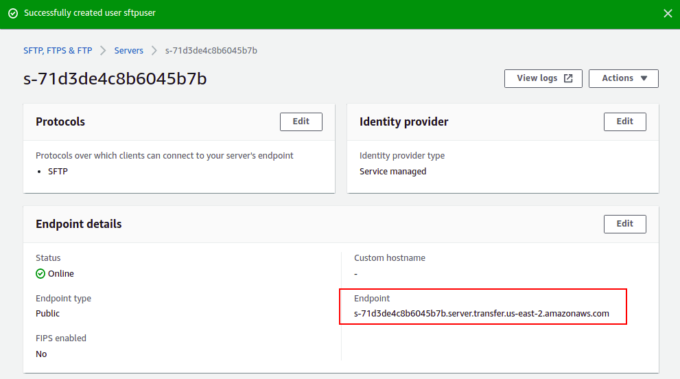 sftp user created